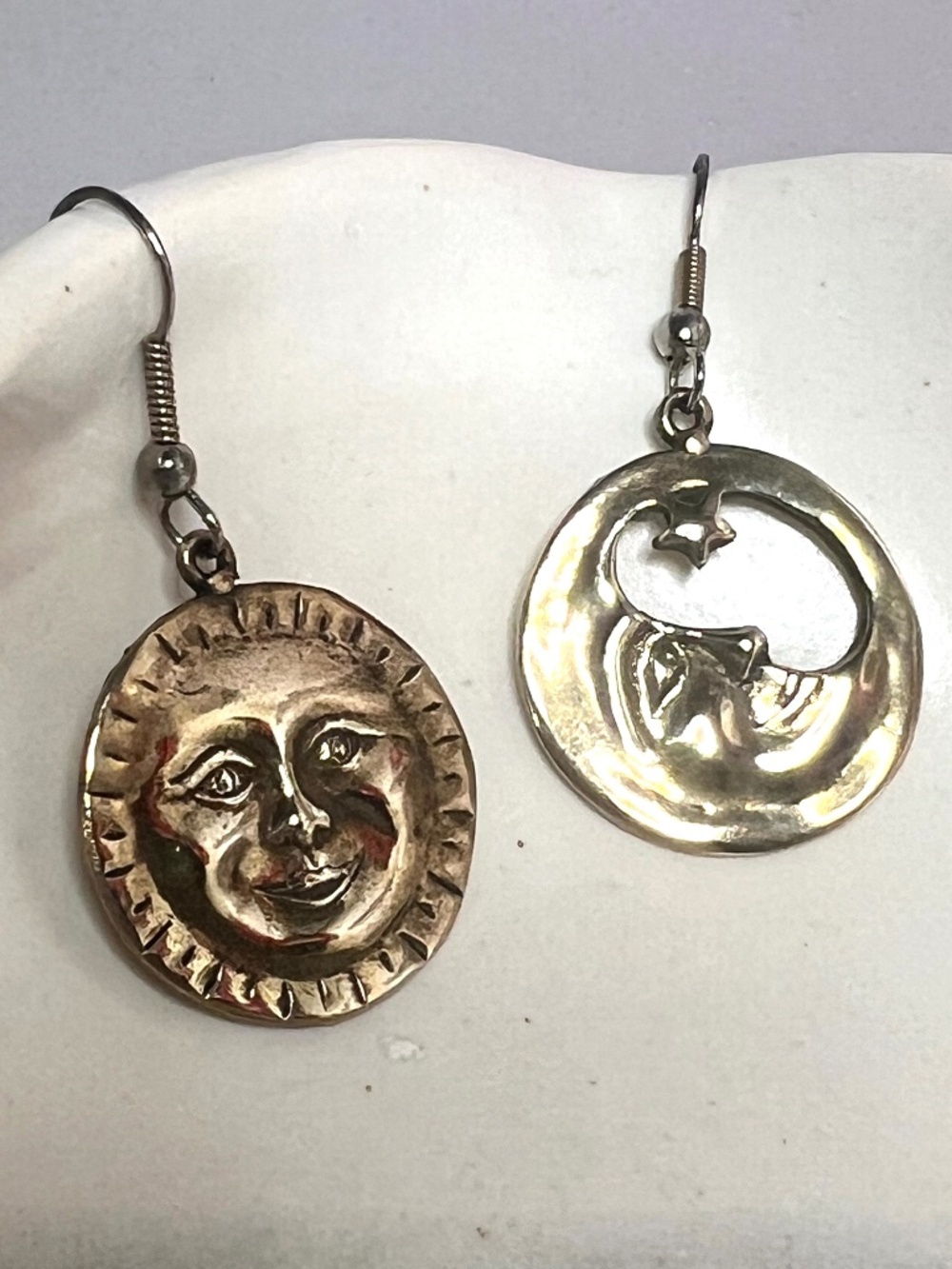 Vintage Solid Brass Celestial Face Earrings, 1980s Sun Moon Dangles, Signed